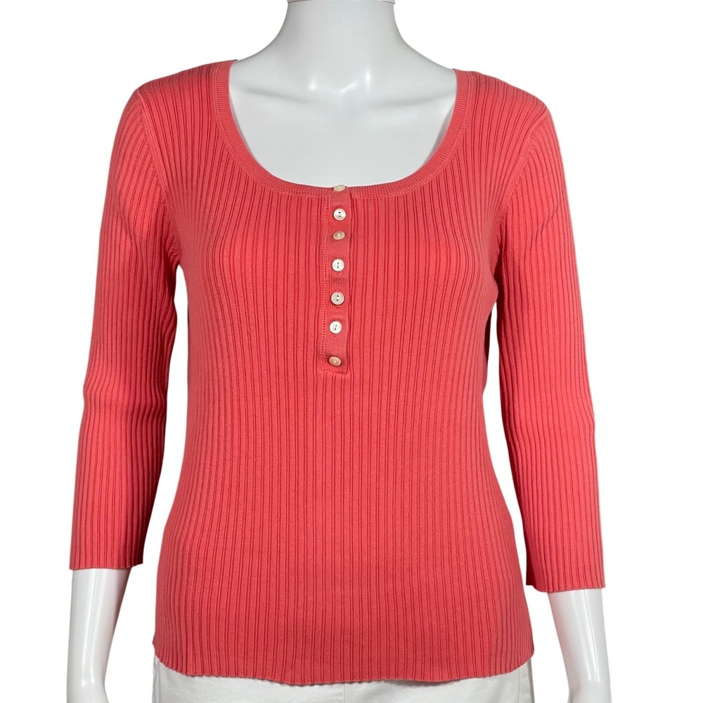 Talbots Petites Coral Pima Cotton Rib Knit Henley Top 3/4 Sleeve Classic